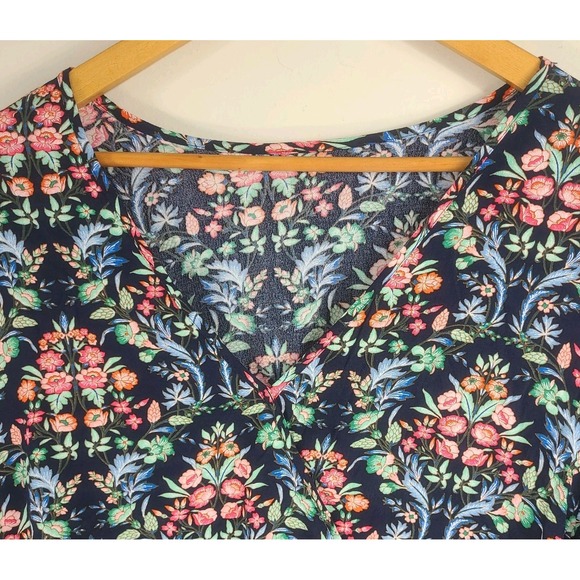 LOFT Floral Rayon Wrap-Style Blouse Size L | Navy Floral V‑Neck Long Sleeve. EUC - Picture 2 of 7